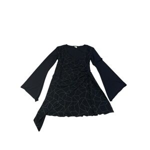 RAG Black Metallic Bell Sleeve Faux Wrap Dress M Made USA Y2K Witchy Geometric